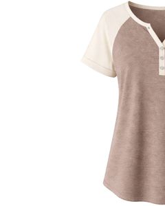 T-shirt femme beige taupe à manches courtes, col Henley, haut à manches raglan, coton doux, coupe ample décontractée, tee-shirt d'été respirant et confortable - Product Image 4
