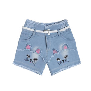 LAMA INDUSTRIES Mid Waist for Wash Denim Skinny Fit Button Fly Modern Casual Women's Shorts with <b>Cat</b> <b>Embroidery</b> - Product Image 1