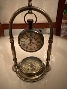 Vintage Brass Table Clock Compass Wooden Base Antique Nautical <b>Desk</b> Clock Decorative Timepiece - Product Image 2