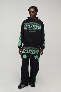 Ensemble de survêtement à capuche pour homme, imprimé flamme noir et vert, streetwear, coupe ample, sweat-shirt et pantalon en coton, tenue d'automne - Product Image 4