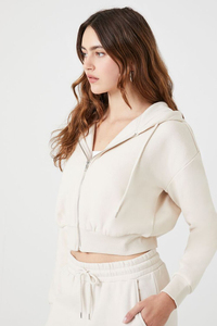 Hoodie court oversize de haute qualité pour femme, décontracté, à manches longues, avec fermeture éclair, logo personnalisé, pour l'hiver et l'automne, avec strass et effet délavé - Product Image 2