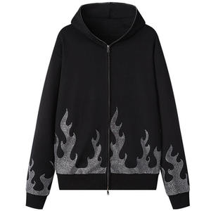 Custom French Terry Hoodie <b>Black</b> <b>Plain</b> Rhinestones <b>Men</b> Thick Full Zip up <b>Sweatshirts</b> - Product Image 4