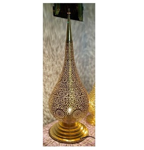 Moroccan table lamp set handmade brass metal filigree desk <b>light</b> oriental gold floor lantern <b>globe</b> teardrop hollow design nights - Product Image 3