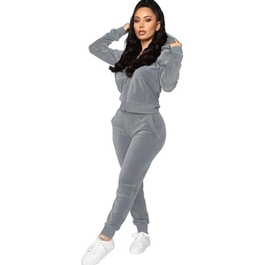 Ensemble de survêtement deux pièces en velours côtelé à capuche courte, motif plumes vintage, 100 % coton, pour femme, avec sweat-shirt zippé - Product Image 1