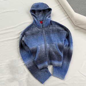 Heavyweight Mohair Blend Ombre Full <b>Zip</b> Hoodie Men's Streetwear Brushed Knit Gradient Sweater Distressed Harajuku <b>Hooded</b> Jacket - Product Image 2