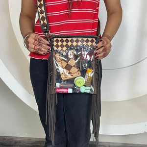 Bolso bandolera con flecos de cuero transparente a mano de vaquera occidental con diseño a cuadros, bolso bandolera de hombro Vintage para mujer - Product Image 4