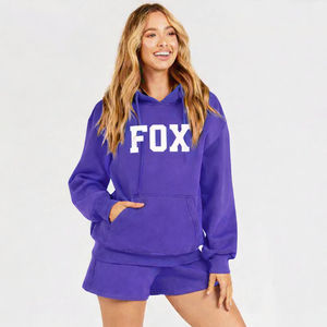 Women Oversized Solid Above <b>Knee</b> Hoodie and Shorts Set Premium Soft 100% Cotton Eco-Friendly Casual Wear - Product Image 2