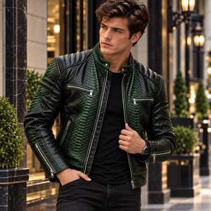 Veste de motard vintage en cuir véritable vert et noir à motif serpent pour homme, style streetwear d'hiver - Product Image 1
