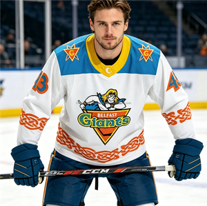 Maillot de hockey sur glace personnalisé pour homme, sublimé, blanc, bleu, orange, respirant, en polyester, avec nom et numéro du joueur, uniforme - Product Image 2