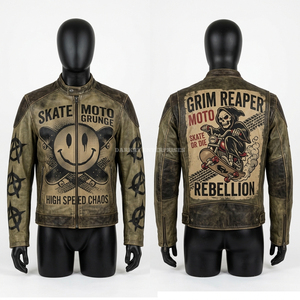 Blouson de moto en cuir vert foncé, style Slime Punk, avec motif graphique moto, pour homme, style Underground Crew, imprimé crâne, vert lime fluo - Product Image 4