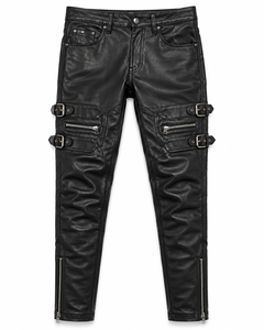Genuine Leather Pants Men Slim Fit Biker Trousers <b>Thigh</b> Buckle Straps Zipper Pockets Clubwear Custom OEM Wholesale Hot Selling - Product Image 1