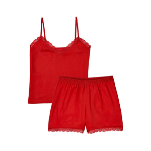ชุดนอนผ้าซาตินสีแดงร้อนแรงสำหรับผู้หญิง แขนกุด สั้น สบาย เซ็กซี่ ชุดนอนสองชิ้น - Product Image 1