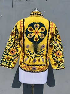 Yellow Embroidered Cotton Jacket for Women Handcrafted Ethnic Floral Thread Work <b>Cardigan</b> Open Front Boho <b>Summer</b> Coat - Product Image 3