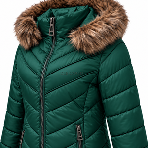 Veste matelassée longue pour femme de qualité supérieure, verte, avec capuche en fourrure, fermeture éclair, manteau d'hiver chaud, design de logo personnalisé - Product Image 5