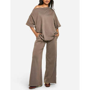 Custom Women's Off Shoulder T Shirt and Wide Leg Pants <b>Set</b> 100% Cotton <b>Lounge</b> Wear Casual Two Piece Outfit OEM - Product Image 4