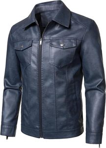 <b>Men's</b> Navy Blue PU Faux <b>Leather</b> Trucker <b>Jacket</b> Pointed Lapel Collar Dual Chest Flap Snap Pocket Center Front Zipper Casual Style - Product Image 3