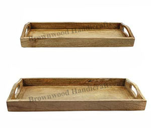 Juego de lujo de 2 bandejas rectangulares de madera de mango con incrustaciones blancas Bandejas de servicio elegantes para hoteles Restaurantes y uso doméstico en la cocina - Product Image 6