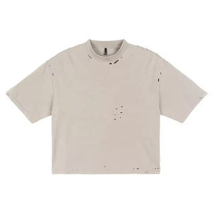 Camiseta de Manga Corta para Hombre, Estilo Oversize, Desgastada, Cuello Redondo, Color Gris Sólido, Algodón Lavado, Estilo Urbano, Tejido de Punto, Corte Casual - Product Image 1