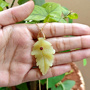 New design hand carved lemon serpentine leaf pendant necklace <b>with</b> red cz accent 18k gold plated classic style handmade necklace - Product Image 4