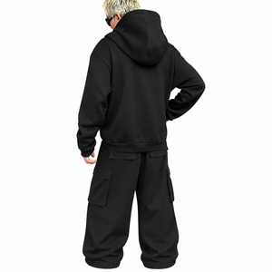 Sweat-shirt à capuche noir zippé en molleton de coton, coupe oversize décontractée, couleur unie, style tricoté, idéal pour l'automne - Product Image 2