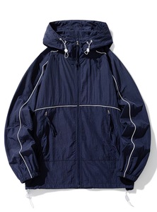 Men's Navy Hooded Windproof Waterproof Vintage Striped Jacket Casual Loose Fit Zipper Closure Canvas Material Winter Wear - Product Image 4