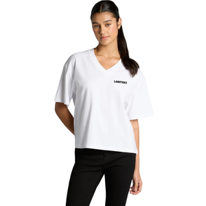 Camisetas de algodón de jersey para mujer con cuello en V, manga corta, ajuste relajado, estampado en el pecho, espalda lisa, casual, venta al por mayor, OEM personalizado - Product Image 3