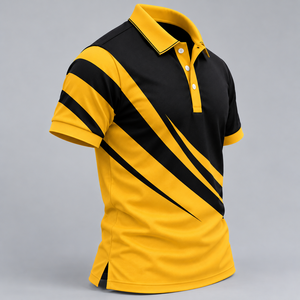 Polo de Manga Corta para Hombre, Corte Ajustado, Color Negro con Rayas Diagonales Amarillas, Cuello Deportivo - Product Image 3