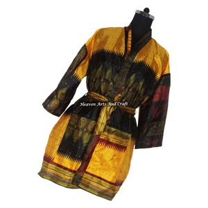 KS002 Hermoso Kimono Sari Vintage, Túnica Corta, Estampado Floral de Verano, Estilo Bohemio, Manga Larga, Holgado, para Vacaciones - Product Image 4