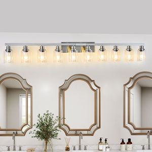 10-<b>Light</b> Bathroom <b>Vanity</b> <b>Light</b> Fixtures with Clear Glass Brushed Nickel Bathroom Lighting and <b>Mirror</b> for Bathrooms - Product Image 1