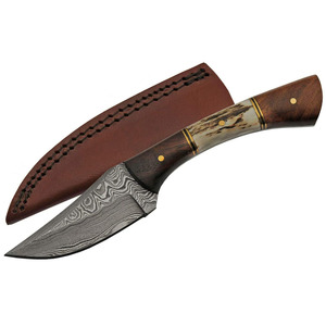 Couteau à Découper en Acier Damas avec Manche en Bois et en Corne et Lame Affûtée pour la Chasse et l'Utilisation en Plein Air, Forgé à la Main - Product Image 1