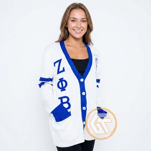 Cardigan personnalisé Zeta Phi Beta en acrylique solide avec appliques brodées, respirant, décontracté, col en V, boutons recouverts, idéal pour l'hiver - Product Image 2