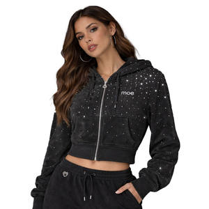 Trendy Woman's <b>Black</b> All Over Rhinestone Hoodie <b>Sparkly</b> Crystal Bling Crop <b>Top</b> Streetwear Hoodies Oversize Custom Logo OEM USA - Product Image 3