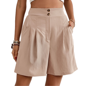 Jupe-short taille haute unie pour femme, coupe ample, style décontracté, en tissu Oxford de coton respirant, avec fermeture boutonnée - Product Image 4