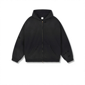 Heavyweight Acid Washing <b>Spray</b> 420g Solid Blank Casual Vintage Distressed 100% Cotton Customized Plain Streetwear Men Zip Hoodie - Product Image 3