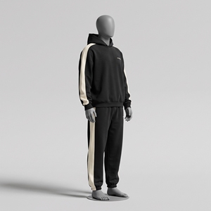 Conjunto de Sudadera y Pantalón Oversize Negro Crema para Hombre con Rayas Laterales Anchas, Sudadera con Capucha y Puños, Chándal Minimalista con Logo en el Pecho Izquierdo - Product Image 1