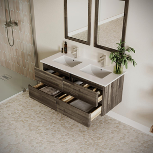 Nouvelle vanité de salle de bain murale en bois haut de gamme avec tiroirs, armoires, vasque en céramique et miroir inclus – Design moderne, montage facile et robuste - Product Image 1