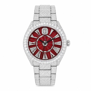 Luxury unisex Diamond Watch Stainless Steel Case <b>Red</b> Dial Roman Numeral Analog Quartz Movement Sapphire Crystal 44mm - Product Image 1