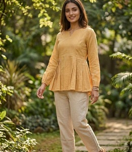 Pleated <b>Linen</b> Cotton <b>Top</b> O-Neck Long Sleeve Casual Loose Fit Kurti with Pant Breathable Solid Color All Seasons Women's Wear - Product Image 1