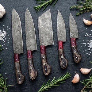 Juego de Cuchillos de Cocina de Acero de Damasco Hechos a Mano de 5 Piezas con Mango de Micarta y Funda de Cuero, Cuchillos Profesionales de Supervivencia y Caza - Product Image 1