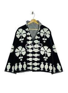 Manteau en velours pour femmes grandes tailles, col mandarin, manches longues, motif floral brodé à la main, style chinois, vêtements d'extérieur d'hiver - Product Image 2