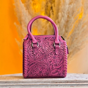 New Handcrafted Western Stylish Hand Tooled Florals Carved With Single Stone Studded 100% Genuine Leather <b>Mini</b> Speedy Duffle Bag - Product Image 5