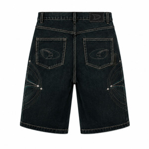 Blackened Teal Y2K Denim Jorts – Baggy Streetwear Shorts with Orbit Embroidery & Rhinestone Details - Product Image 3