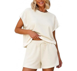 Women 2 Piece Shorts Set O Neck Short Sleeve Loose Fit Cotton Casual Summer Outfit Breathable Knitted Top and Shorts - Product Image 1
