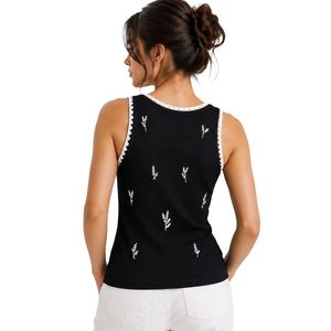 Camiseta sin mangas acanalada personalizada para mujer, en blanco y negro, bordada, informal, de verano, ajustada, de algodón elástico, ropa personalizada OEM. - Product Image 2