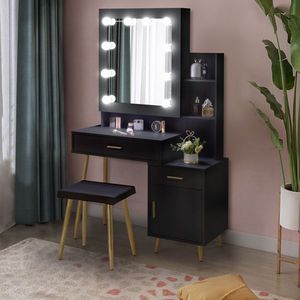 Set Toeletta Nera FCH con 2 Cassetti, 1 Anta, 2 Ripiani, Impiallacciatura in Triamina, Specchio con 3 Lampadine, Mobile per Trucco - Product Image 3
