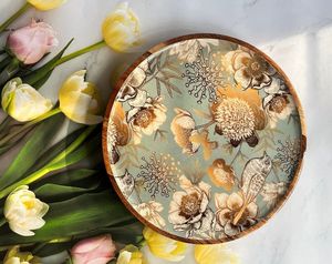 Modern Wooden Serving Trays Gold Rim Floral Design Square Shape Handgrip Dishwasher <b>Freezer</b> Safe Lightweight for Party Use - Product Image 2