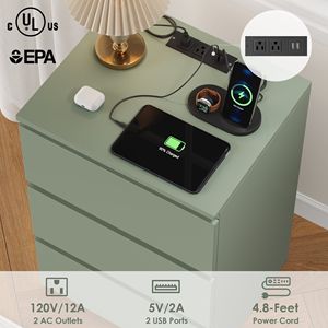 <b>3</b> <b>Drawer</b> Nightstand with Charging Station Green <b>Bedside</b> <b>Table</b> for Bedroom and Living Room - Product Image 2