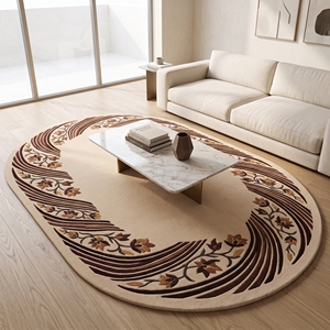 Alfombra Moderna de Lana con Borde Floral Ovalado, Color Marrón Marfil, Hecha a Mano, Antideslizante, con Respaldo de Látex Extra Grueso - Product Image 5