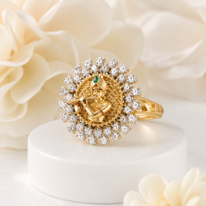 Anillo Redondo Radha Krishna de Oro de 14K Premium con Halo de Circonitas Brillantes, Joyería Nupcial Tradicional para Mujer - Product Image 2