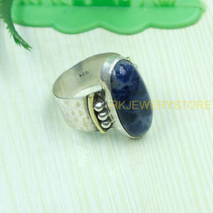 Natural Sodalite <b>Ring</b> 925 Sterling <b>Silver</b> <b>Ring</b> with Brass Design Hammered <b>Ring</b> <b>Statement</b> <b>Ring</b> Sodalite Jewelry Christmas Gift - Product Image 5